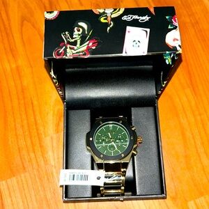 ED HARDY MEN'S WATCH GOLD & BLACK & Green face METAL BRACELET
